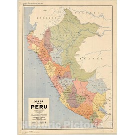 Historic Pictoric Map : Peru 1962 1, Mapa del Peru, Antique Vintage Reproduction : 33in x 44in