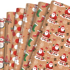 Merry Christmas Brown Wrapping Paper 6 Folded 20"x 28" Sheets in 6 Designs: 23 sq. ft. ttl- Gift Wrap From Santa Wraped in Snowman Penguin Polka Dots Long Stockings Tree To Surprise Lovely Kids On Holiday Parties Hanukkah