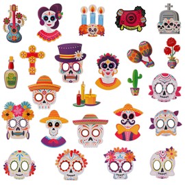 Dia De Los Muertos Photo Props, Konsait 24Pcs Day of The Dead Photo Props, Sugar Skull Mask Guitar Marigold Cutout Party Favor Props, Dia De Los Muertos Party Supplies Decorations