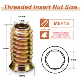 Drenky 40Pcs M5x15mm Zinc Plated Threaded Insert Nuts for Wood Furniture - Flanged Hex Socket Nut, Carbon Steel Threaded Inserts with Hex Drive Head for Wood Furniture
