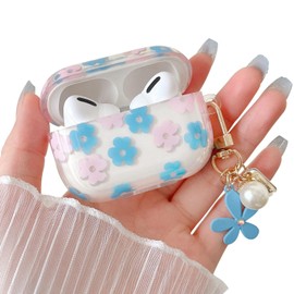 Compatible with AirPods Pro Clear Case,Cute Cartoon Flower Pattern Design with Floral Keychain, Soft TPU Protective Shockproof Case for AirPod Pro for Girls Women-Blue