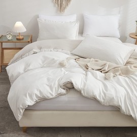 Freyamy Reversible Bed Linen 135 x 200 cm 2-Piece White Beige Plain Reversible Bed Linen Washed Microfibre Soft Bedding Sets Elegant Duvet Cover with Zip and Pillowcase 80 x 80 cm