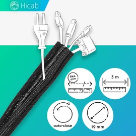 Hicab 3 m cable conduit, 19 mm, black: self-closing and flexible to cut. The braid provides secure cable bundling.