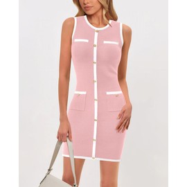 BTFBM Women's 2025 Summer Sweater Dress Sleeveless Ribbed Knit Bodycon Mini Dresses Solid Color Button Short Dress(Solid Pink,Large)