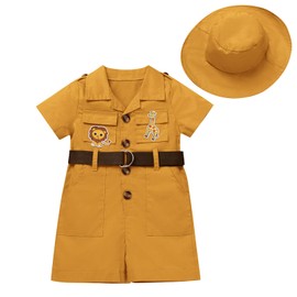 Baby Safari Outfit Wild One Birthday Outfit Girl Short Sleeve Safari Jumpsuit with Hat Toddler Zoo Keeper Costume Yellow 18-24 Months