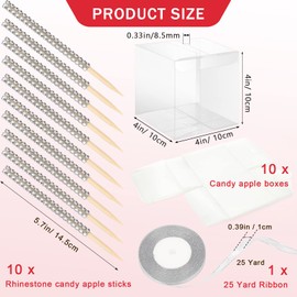 10+10 Candy Apple Kits, AngleKai 10Pcs Bling Candy Apple Sticks/ 10Pcs Candy Apple Boxes/ 25 Yard Ribbon, Rhinestone Caramel Apple Sticks Clear Candy Apple Boxes with Hole