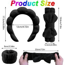 Mtxorvix 4 Pack Spa Makeup Headband Set, Headband Skincare Headband for Woman, Face Wash Wristband and Headband Set, for Skincare,Makeup Removal, Shower, Wrist Wash Bands for Women Girls (black, average)