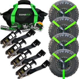 Rhino USA Car Tie Down Straps for Trailers with Flat Hooks (4-Pack) - 2 Inch x 8 Feet (10,000lb Break Strength) - Heavy Duty T-Handle Car Hauler Tire Straps for Trailer & UTV with Lasso Straps - Green