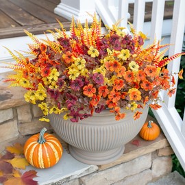 HyeFlora Artificial Flowers Faux Fall Mums Plants for Outdoor Indoor Decoration, 14 Bundles Fake Silk Daisy and Ferns UV Resistant Autumn Fake Planter for Home Porch Patio Yard Window Box