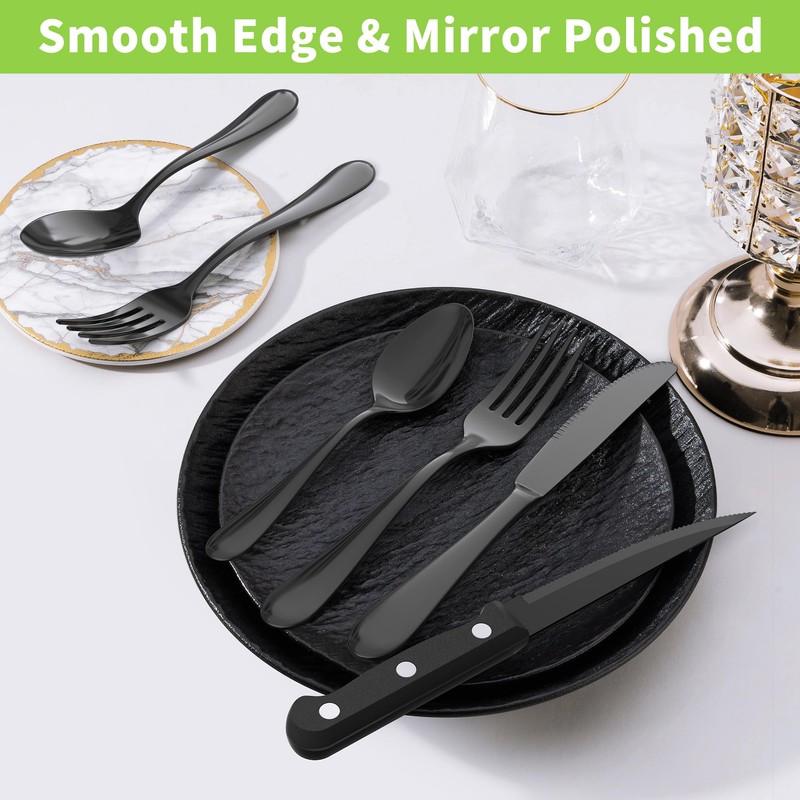 24-Piece Black Silverware Set with Steak Knives, Stainless Steel Flatware