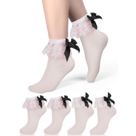 2 Pairs White Lace Ankle Socks Ruffle Frilly Socks for Women,Women's White Top Opaque Ruffled Nylon Anklet Socks Coquette Socks,Trim Bobby Sock Lolita Socks With Black Satin Black Bow for Girls