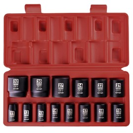 EPAuto 1/2-Inch Drive Metric Shallow Impact Socket Set, Cr-V, 6-Point, 14 Sockets