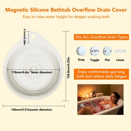Magnetic Silicone Bathtub Overflow Drain Cover, 4.6 Inches Inner Diameter, Adjustable Water Level Overflow Cover, Easy to Raise Water Height for Deeper Soaking Bath, Reusable Bathroom Accessory