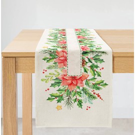 ARKENY Christmas Floral Leaf Table Runner 13x72 Inches, Winter Holiday Indoor Outdoor Table Decoration for Home