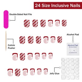 Christmas Press on Nails Short Square SWEKKE Red French Tip Fake Nails False Nails with Designs Glitter Cute Santa Hat Glossy Glue on Nails Acrylic Nails for Women Girls 24 Pcs