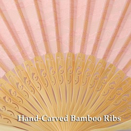 GeGeYa Silk Lace Folding Fan,Carved Bamboo Ribs Hand Fan Foldable with Tassel and Pouch,Chinese Fan for Bridal Accessory,Wedding Guest,Bridesmaid Gift,Party,Dancing,Decoration (Pink)
