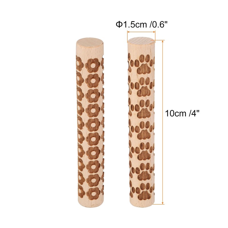 HARFINGTON 2pcs Wood Clay Roller 4" Flower Paw Print Pattern