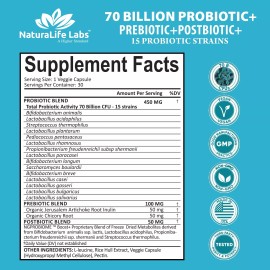 NaturaLife Labs Probiotics 70 Billion CFU – 15 Probiotic strains + Organic Prebiotic+ Postbiotic
