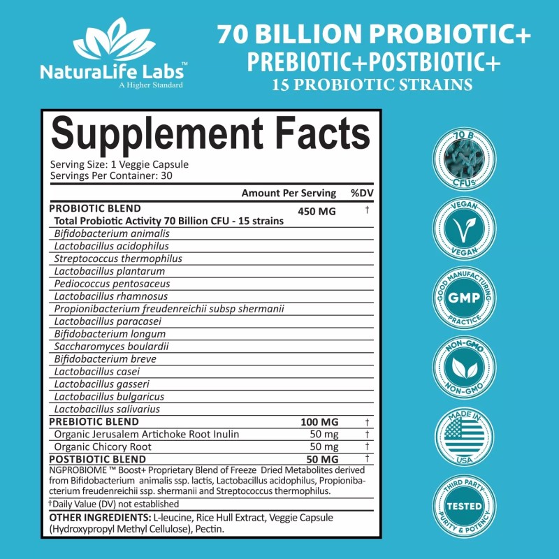 NaturaLife Labs Probiotics 70 Billion CFU – 15 Probiotic strains