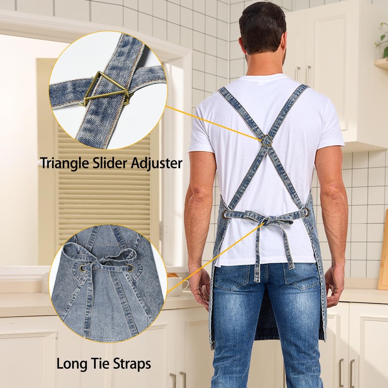 Beitiny Denim Apron with Pockets, Cross Back Apron for Men