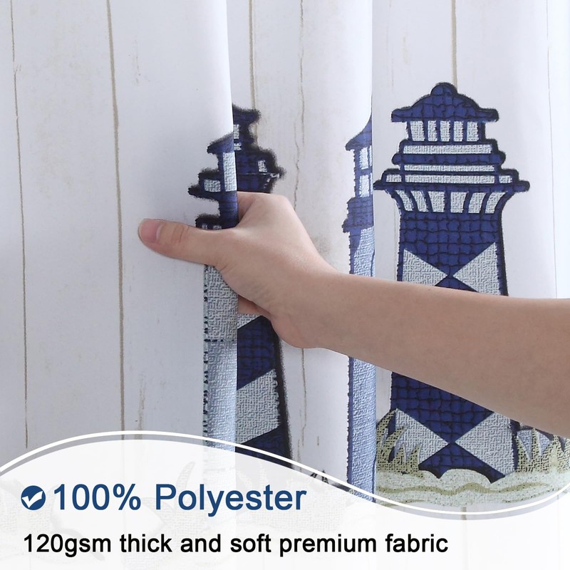 BESTRIPES Lighthouse Fabric Shower Curtain, Blue Gray and White Coastal