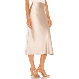 Womens High Waisted Satin Midi Skirts Elegant Flared A Line Elastic Waistband Silk Slit Skirt for Women Beige Small
