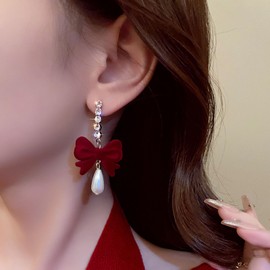 Cimenexe Bohemian Crystal Bow Pearl Dangle Earrings Gold CZ Bar Pearl Drop Earrings Long Velvet Bow Tie Earrings Red Bow Pearl Earrings Jewellery for Women and Girls Gifts, Zinc, No Gemstone