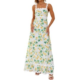 LunaJany Women's Sun Sleeveless Lemon Print Maxi RIC Rac Vacation Beach Dress Lemon S