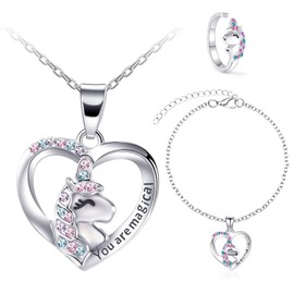 3 Pieces Girls Unicorn Jewelry Set Kids Jewelry for Girls Unicorn Necklace Bracelet Ring Heart Pendant Necklace Sets Birthday Party Gifts for Daughter Granddaughter