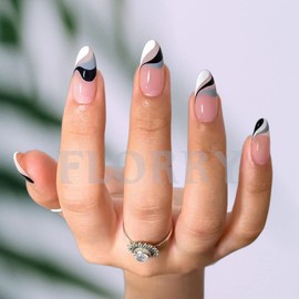 Florry Press on Nails Short Fake Nails Almond French Tips Nails Glossy Full Cover Acrylic Nails for Women and Girls 24PCS (Unique Swirl)