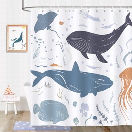 Bonhause Shower Curtain Whale Fish Ocean Shower Curtains for Kids 183 x 183 cm Anti-Mould Waterproof Polyester Fabric Washable Bath Curtain for Bathroom with 12 Hooks