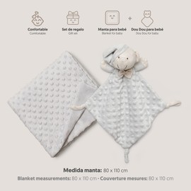Interbaby Newborn Baby Blanket + Doudou Baby | Cotton and Polyester Baby Blanket Velvet Comfortable Warm 80 x 110 cm | Soft Baby Plush Toy Adorable 28 x 17 cm | Bubble + Grey Bear