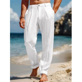 Runcati Mens Casual Linen Pants Elastic Waist Lightweight Loose Fit Pleated Slacks Summer Cotton Beach Yoga Trousers White