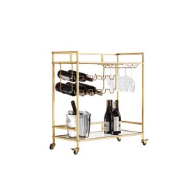 Palama Gold Bar Cart for The Home, Bar Cart with Wine Rack and Glass Holder, 2-Tier Snack Cart with 2 Transparent Tempered Glass Shelves, Bar Cart with 2 Lockable Wheels