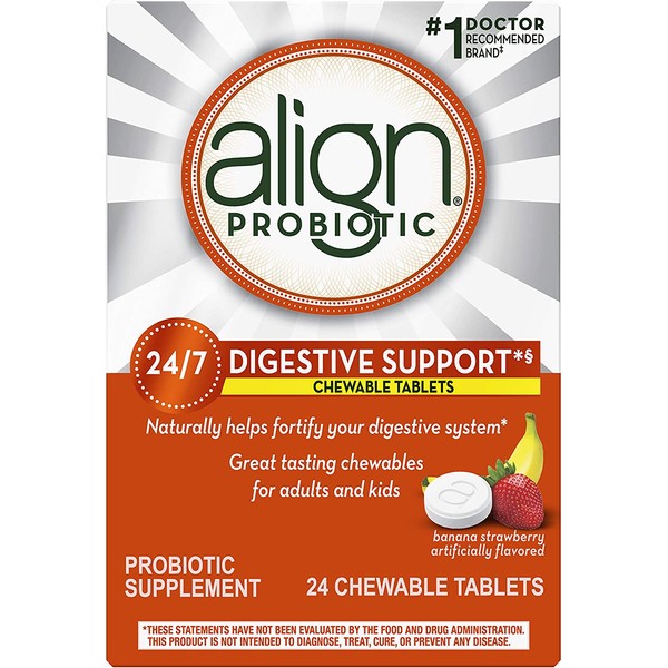 Align Probiotics Chewables, Daily Probiotic Supplement for Digestive Health, Banana Strawberry Flavor, 24 ct., #1 Recommended Probiotic Brand by Doctors