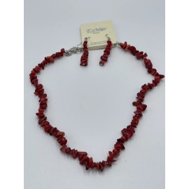 Esmor Coral Red Bead Chips Necklace & Earrings Freeform Faux Stone Set 18"