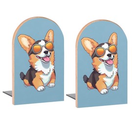 Sunglasses Corgi Tricolor Dog Book Ends Decorative Wood Bookends for Shelves Kids Room Desk Home Office Book Stoppers for Magazines,Books, DVDs, 1 Pair/2 Pieces(5x3.1 in)