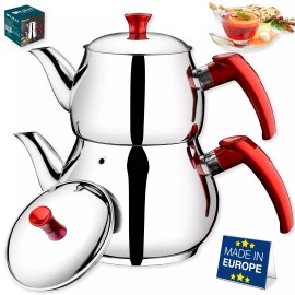 Hakan Stainless Steel Double Bondy Turkish Self-Strained Teapot Set - Maxi - 107 oz (3200 mL)