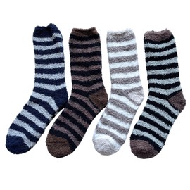 Mode Select Fluffy Socks, Men's, 4-Pair Set, Warm, Thick, Winter Socks, Men's, Thick, Fluffy, Soft Room Socks, Border 4 Pair Set (Color Available), Black, Gray, Brown