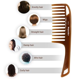 Wide Tooth Hair Comb Brown Argan Oil Infused With Comfortable Handgrip Handle Detangler for Thick & Curly Medium to Long Hair By Majestik+