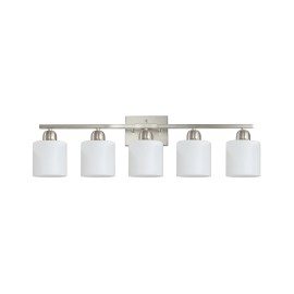 Milk Glass Bathroom Vanity Light Over Mirror, 5 Light Matte Chrome Bathroom Light Fixtures with Frosted GlassLamp Sizes: Middle, Lamp Power(W): 60, Body color: Chrome
