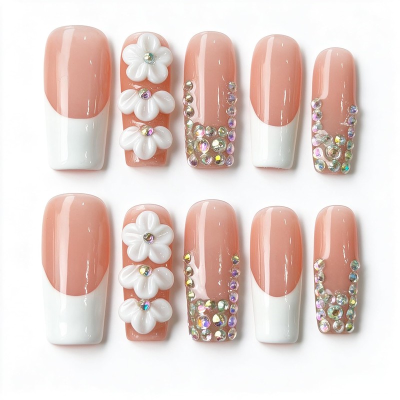 Uñas postizas blancas largas cuadradas con punta francesa, brillantes, hechas