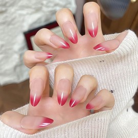 RikView Red Press on Nails Medium Fake Nails French Tips Nails Almond Nails Glossy Full Cover Nails for Women 24 PCs/Set