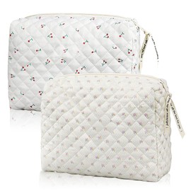 LURVOUS 2 Pack Floral Cotton Large Quilted Makeup Bag Cotton Cute Skin Care Bag Toiletry Travel Cosmetic Bag for Women and Girls, White, Fashionable