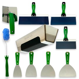 Medusa's Carbon and Blue steel Drywall Taping kit with S.S. Adjustable Angle Tool, Corner Roller and S.S. Mud Pan with Grip Note to Beginners All Carbon & Blue Steel will Rust