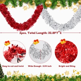 BLEUM CADE 2Pcs 65.6Ft Christmas Tinsel Garland, Silver and Red Tinsel Garland for Xmas Tree Decorations Holiday Birthday Wedding Party Supplies