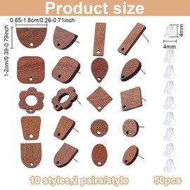 CRAFTYMELODY 40Pcs 10 Style Wooden Earring Stud Post Walnut Wooden Stud Earrings with Loop Flower Round Square Earring Pin Studs with Soft Clear Ear Backs Findings for Dangle Earring Jewelry Making