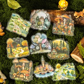 120Pcs Fabletown Series PET Scrapbook Stickers, Forest Mushroom Garden House Landscape Stickers Kit for Scrapbooking, Junk Journal Ephemera, DIY Crafts Waterproof Journaling Supplies