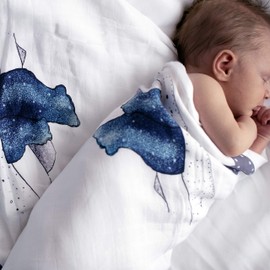 JumpOff Jo – Muslin Swaddle Baby Blanket – 47" x 47” - Bamboo and Cotton Muslin – Mama Bear in Blue