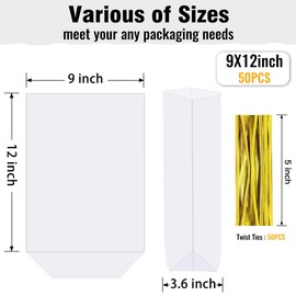 ZIMCEMS 50Pcs 9X12 inch Bottom Gusset Bags Clear Cellophane Gift Wrap Bags Basket Wrapping Plastic Large Cello Bags for Party Favors Treats Mug with 5" Twist Ties